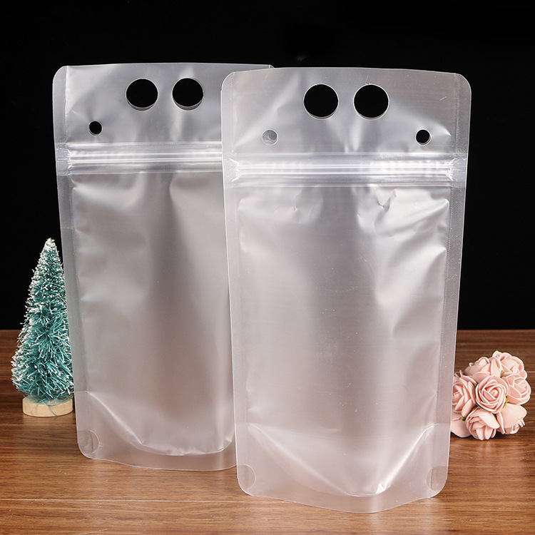 Frosted Clear Drink Pouch Bag With Ziplock and Handle On Top